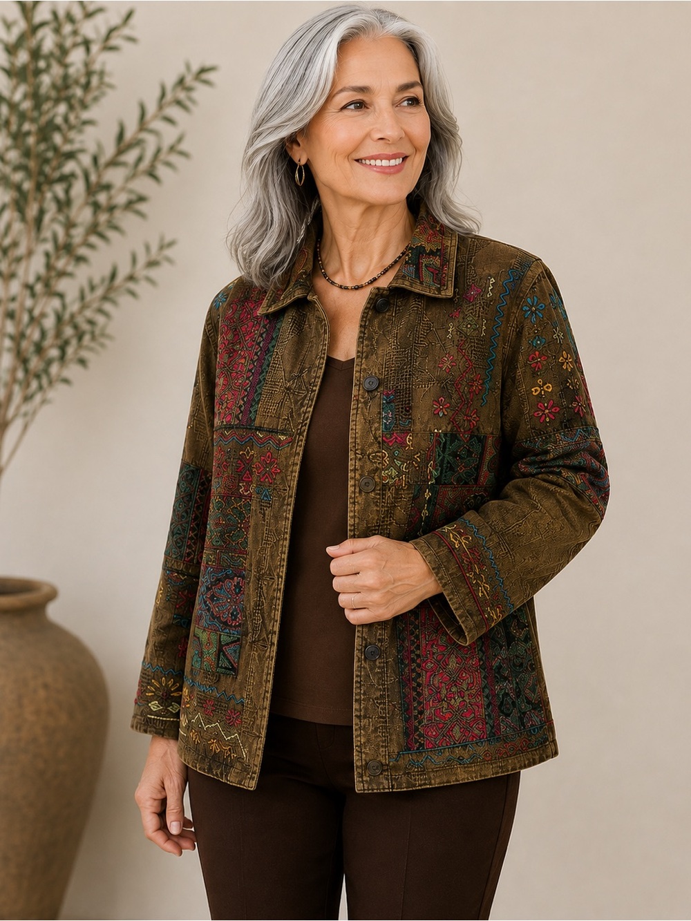Chico’s Embroidered Patchwork Boho Jacket Multicolor Size 2 (L 12-14)